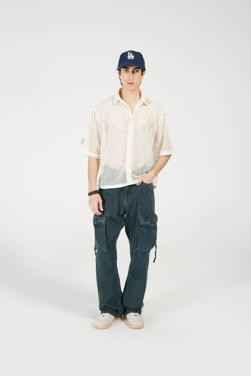 BOXY FIT RESORT COLLAR MESH SHIRT