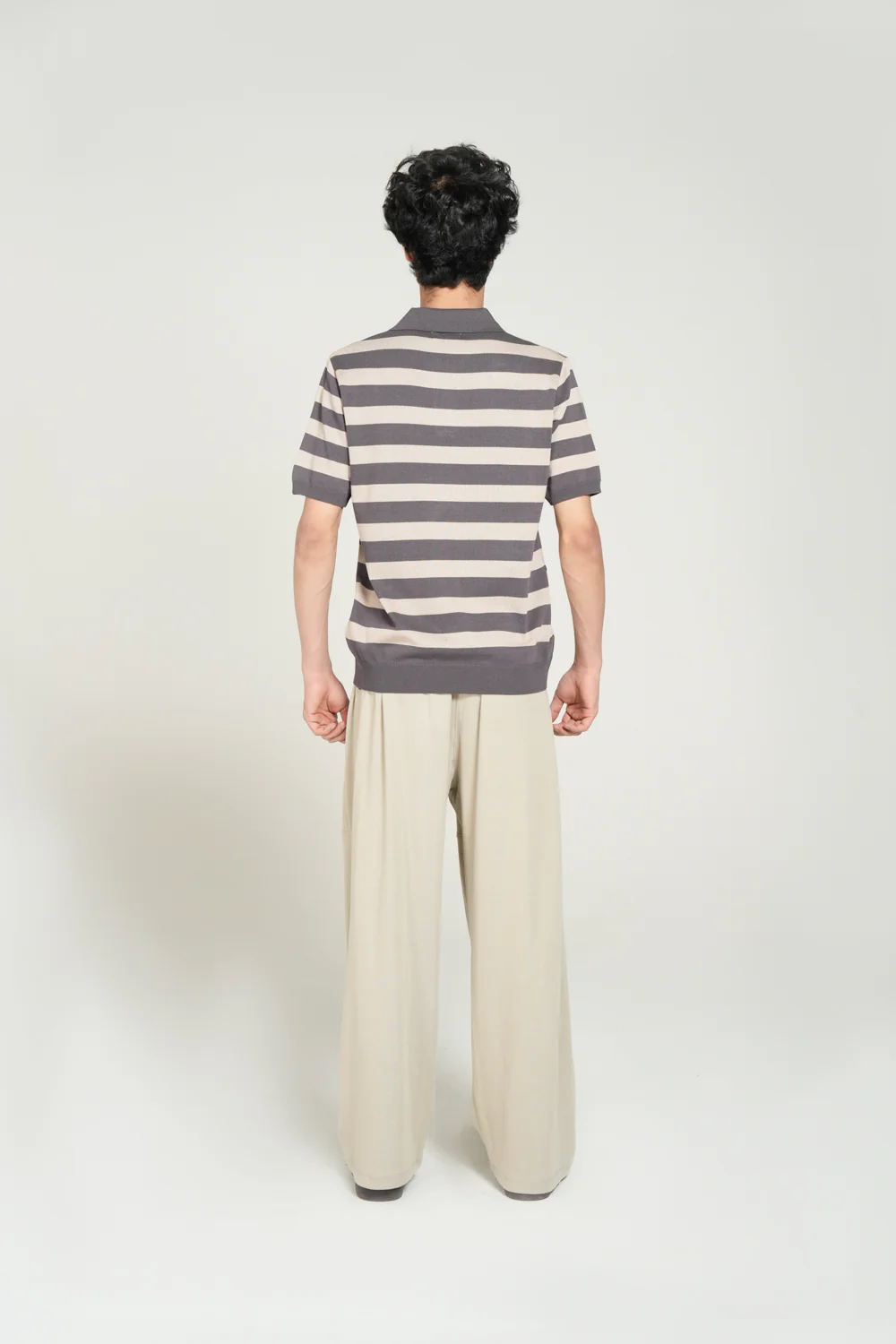 STRIPPED JOHNNY COLLAR KNITTED POLO - Image 3