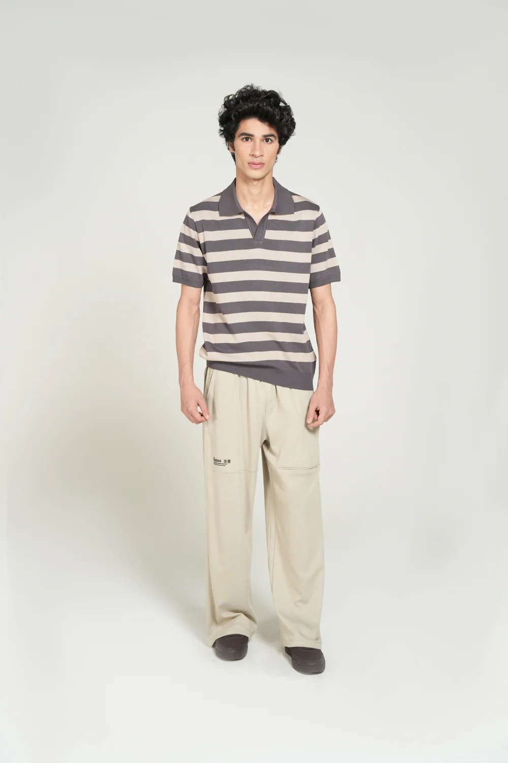 STRIPPED JOHNNY COLLAR KNITTED POLO - Image 4
