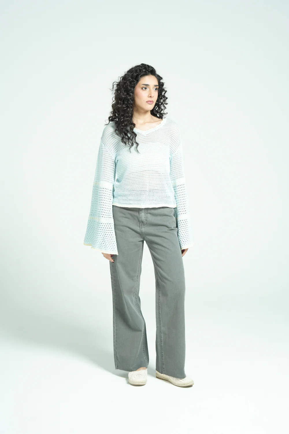 CROCHET KNIT TOP WITH BELL SLEEVES
