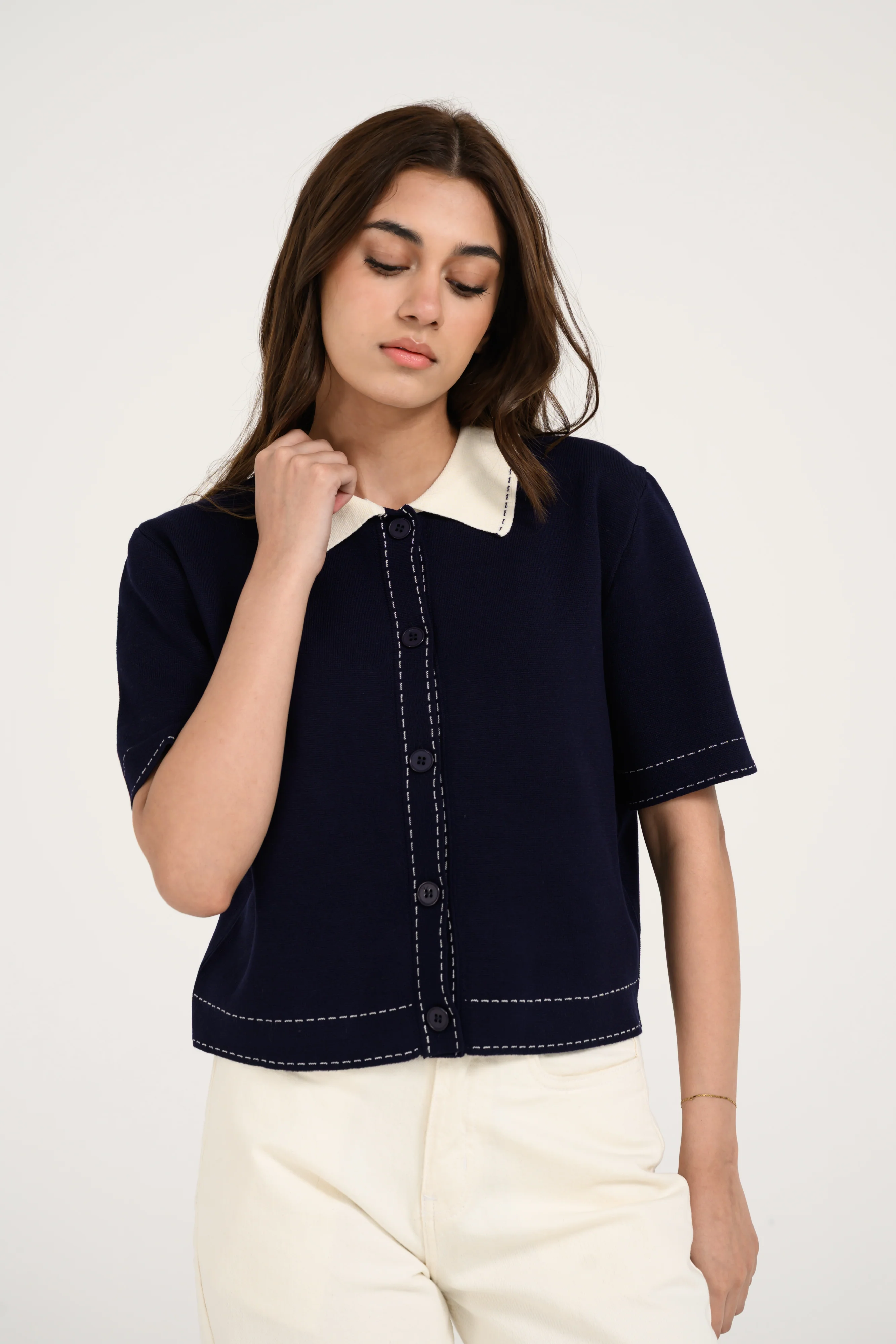 CONTRAST KNIT BUTTON DOWN TOP - Image 4