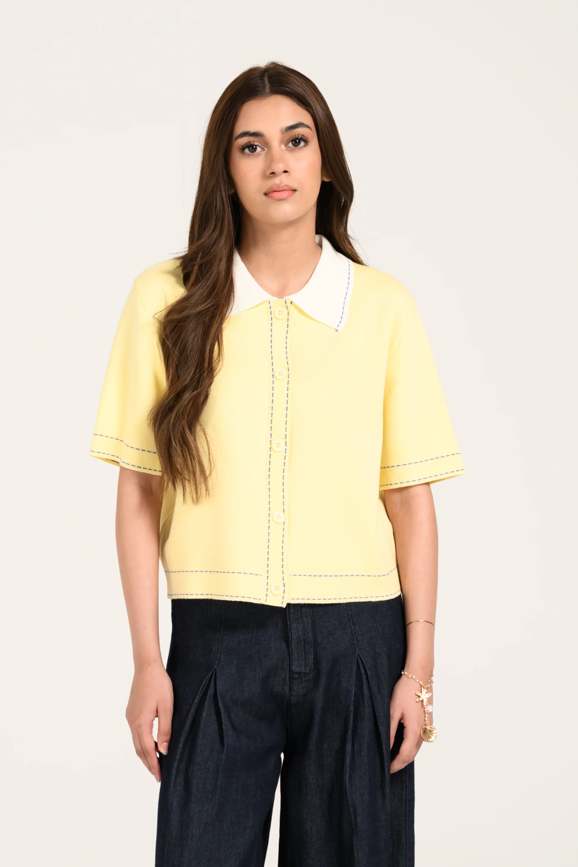 CONTRAST KNIT BUTTON DOWN TOP - Image 2